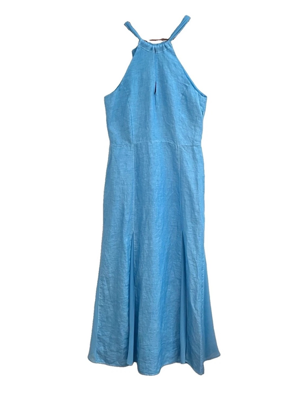 120% Lino Blue Halter Dress Maxi Size 46 US10 Keyhole Back Tie